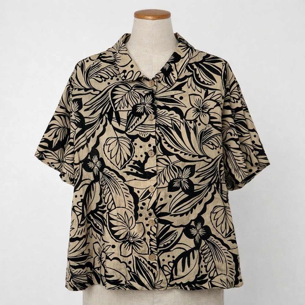 Vintage Hot Cotton Woman Marc Ware Linen Tropical Floral Button Down Shirt 1X